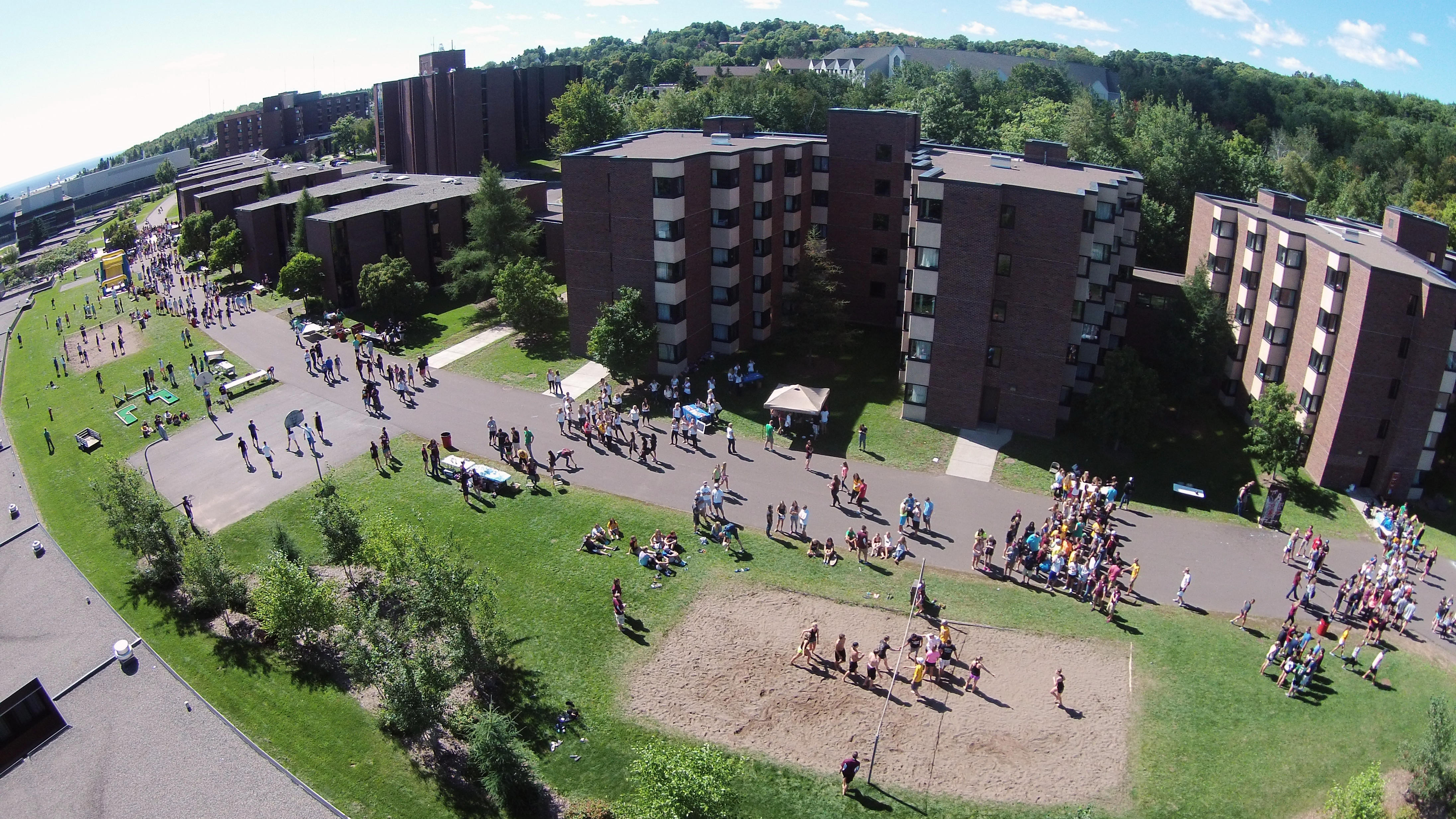 Aerial view of 'Griggs Beach' area by campus housing.